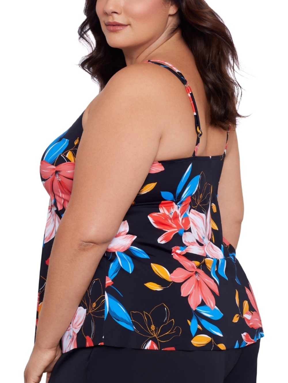 Swim Solutions Plus Size Floral-Print Pleated Tankini Top Floral Park - Picture 2 of 3